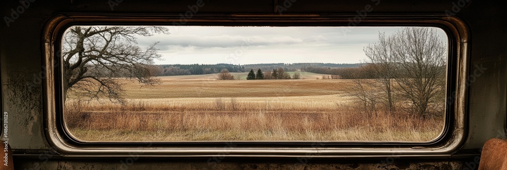 Poster gazing through an old train window at vast fields and trees under a cloudy sky while journeying thro