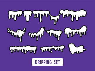 Collection of White Dripping Shapes with Black Outlines on Purple Background.