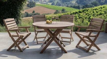 Obraz premium Teak Wood Folding Chairs Patio Table Set Outdoor Vineyard View