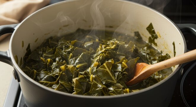 Steaming pot of freshly cooked collard greens with a wooden spoon inside