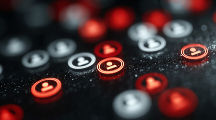 Glowing modern digital network of user icons representing IAM roles and access control, symbolizing secure data connections, user permissions, and cybersecurity in a digital environment.

