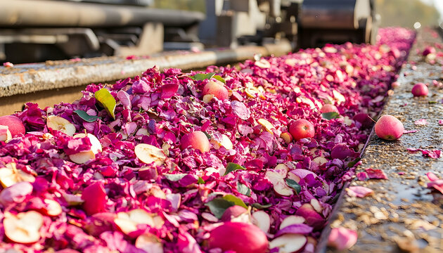 Crushed apples and peels create a vibrant pink carpet in an indu