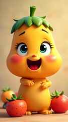 Cute cartoon fruit-character with big eyes & blushing cheeks, standing amid strawberry-like fruit