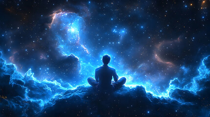 Obraz premium Meditative Figure Silhouetted Against a Vibrant Cosmic Nebula Ba