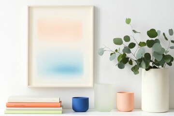 Fototapeta premium Minimalist framed pastel abstract print on white wall. Stack of colorful books with blue cup and soft candle. Calm focus and modern clarity. Ideal for lifestyle blogs, office branding