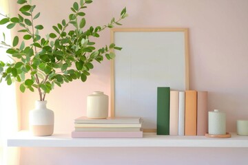 Fototapeta premium Minimalist shelf with potted plant and pastel books on a beige wall. Soft daylight and clean lines. Calm productivity and balanced focus. For branding headers, blog banners, and office decor ads.