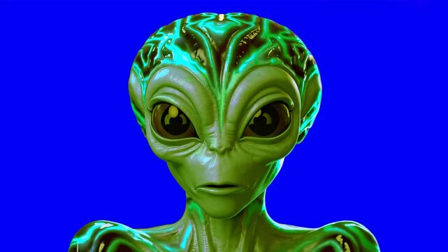 Looping Talking Alien Head Animation &ndash; Green Extraterrestrial Creature on Blue Screen Chroma Key for Sci-Fi, UFO, and Futuristic Videos