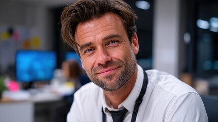 Obraz premium Confident Businessman Smiling in Modern Office Environment