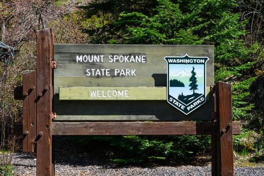 Mt Spokane, WA, USA - May 2, 2025; Welcome sign at Mount Spokane State Park with parks department logo