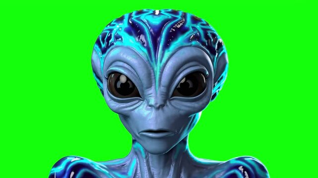 Looping Talking Alien Head Animation &ndash; Blue Extraterrestrial Creature on Green Screen Chroma Key for Sci-Fi, UFO, and Futuristic Videos