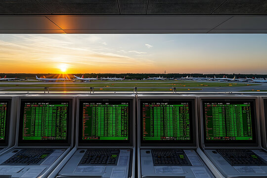 Airport Control Center at Sunset with Multiple Screens and Aircr