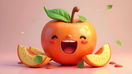 Cheerful peach cartoon character with a big smile, surrounded by peach slices on a soft pink background