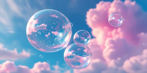 Transparent bubbles drifting in a pastel sky with fluffy pink clouds, ideal for conceptual art, dreamy backgrounds, and surreal atmosphere visuals for creative design projects.


