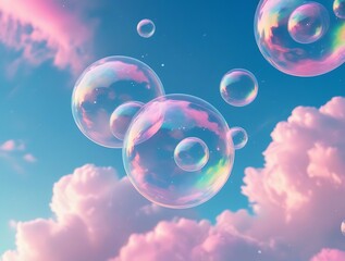 Transparent bubbles drifting in a pastel sky with fluffy pink clouds, ideal for conceptual art, dreamy backgrounds, and surreal atmosphere visuals for creative design projects.


