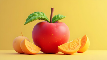 Stylized red apple with green leaves surrounded by orange slices, set against a sunny yellow background
