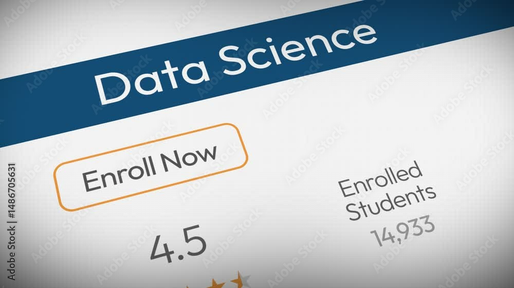 Poster students enrollment in the data science course concept 4k animation with close-up button and running