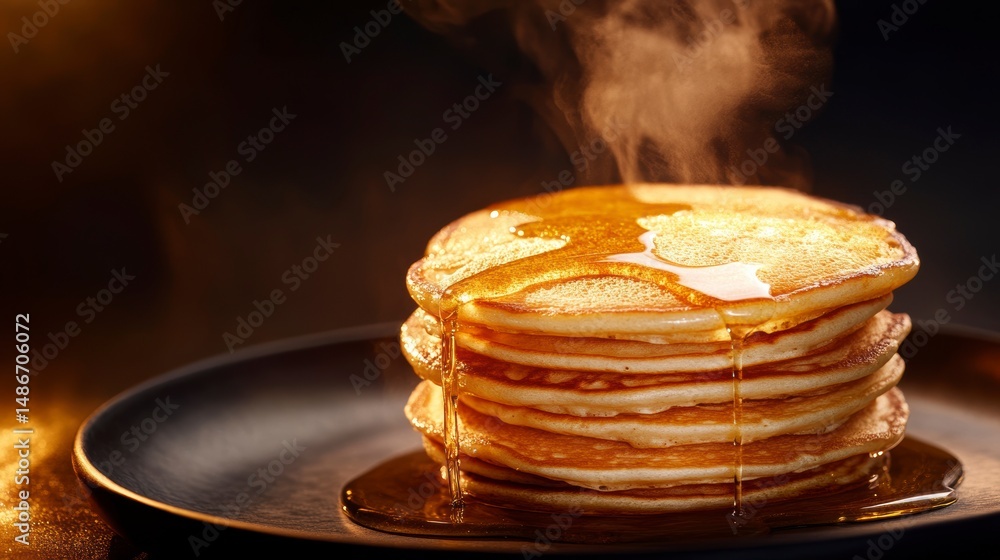 Poster Stack of golden pancakes drizzled with maple syrup, steaming on a dark plate.