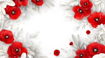 Elegant Red Poppies and White Leaves Floral Frame