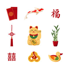 Chinese lucky charms and happiness symbol. Red envelope, koi fish, Chinese character Fu primarily means good fortune, lucky knot, lucky cat, lucky bamboo, double happiness symbol, coins, mandarin duck