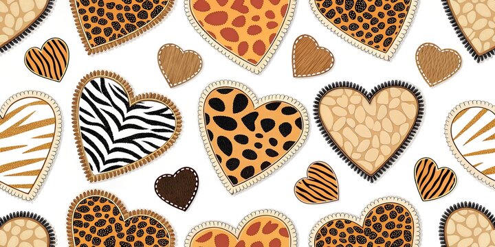 Decorative animal print hearts seamless pattern on white background for valentine designs