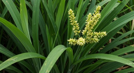 Fototapeta premium Close-up shot of vibrant green cymbopogon plant with elegant yellow flowers