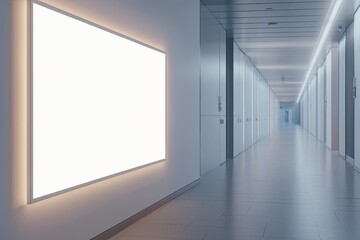 Empty bright rectangle sign in a modern office hallway