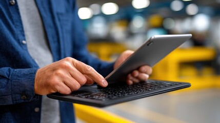 Person Using Tablet in Warehouse Environment for Work and Productivity