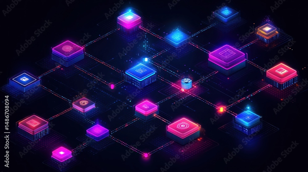 Poster neon network: a vibrant visualization of interconnected data nodes and digital infrastructure.