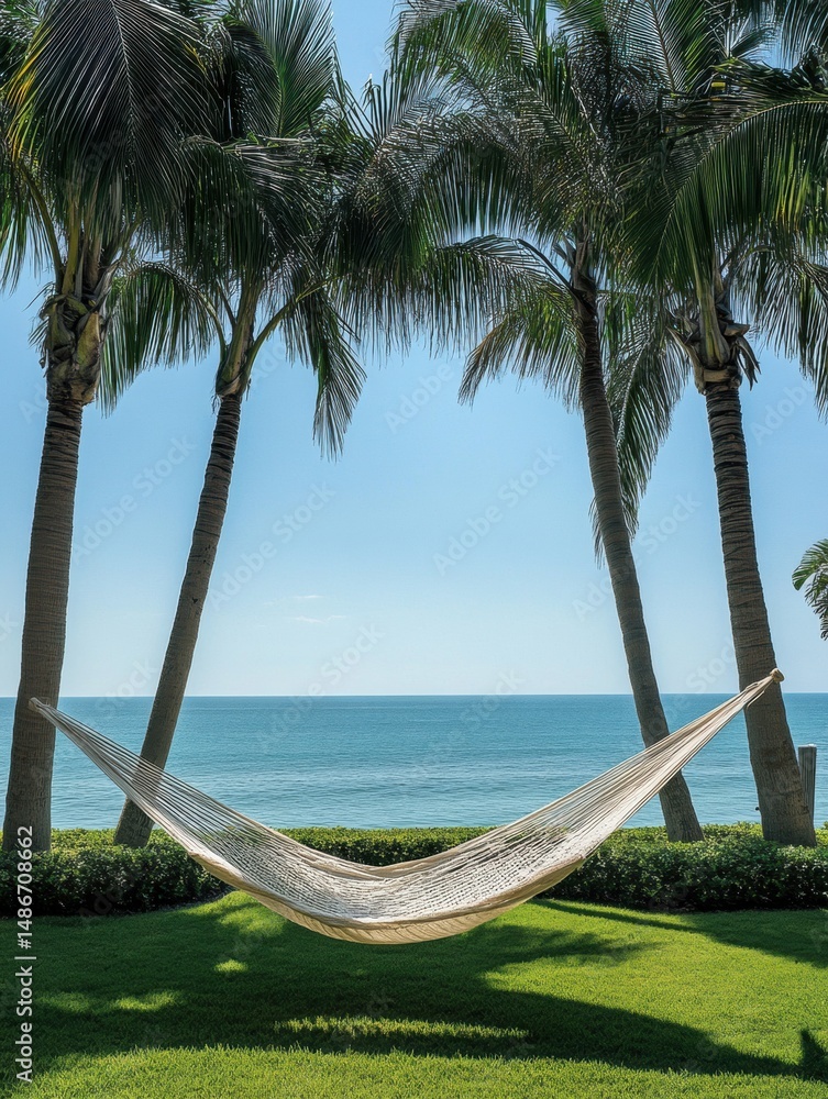 Aufkleber relaxing in a hammock surrounded by palm trees with an ocean view under a gentle summer breeze