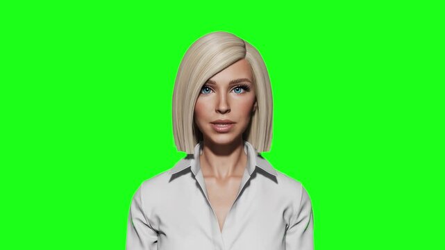 Realistic 3D animation of a confident young woman with platinum blonde bob haircut, blue eyes, and light skin, dressed in a white blouse. The character is speaking directly to the camera