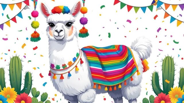 Mexican folk-inspired llama with colorful pom-poms, tassels, and striped rainbow blanket