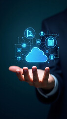Hand holding a digital cloud with various icons symbolizing data management and digital transformation