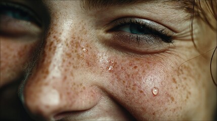 Obraz premium Close-Up View of Freckled Face with Glowing Skin and Water Droplets