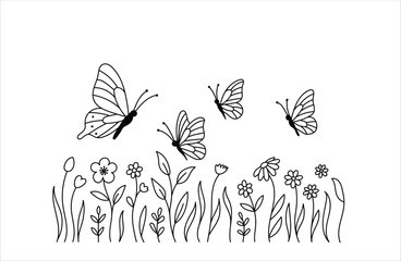 Hand drawing of butterflies and flowers