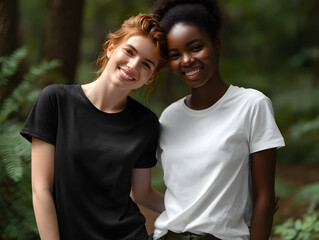 Obraz premium Smiling Friends Enjoying a Day Outdoors in a Scenic Forest Setting