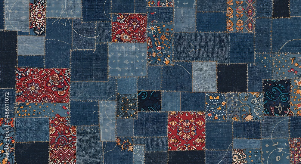 Poster a close-up of a detailed and colorful denim patchwork pattern with mixed fabric squares.