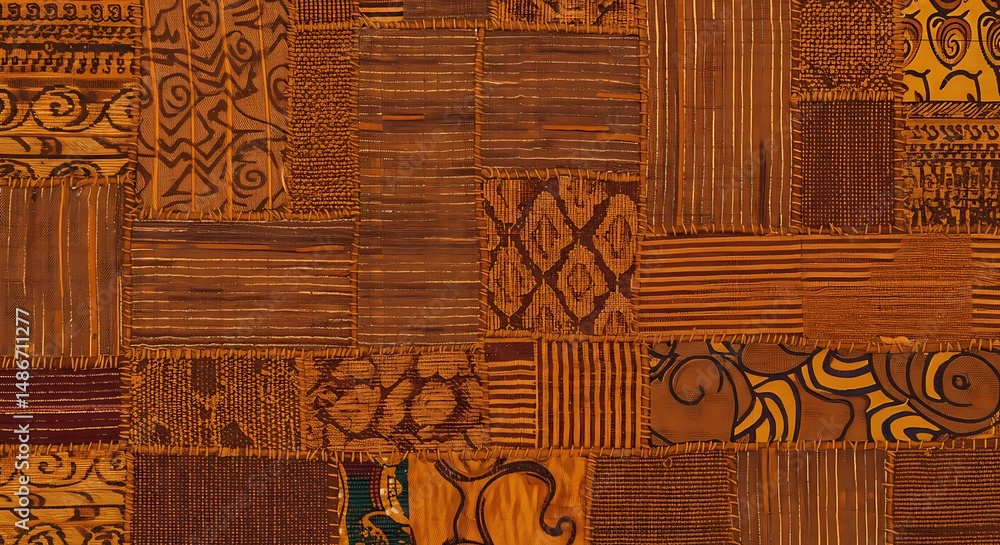 Poster a detailed view of a patchwork fabric with a variety of brown patterns.
