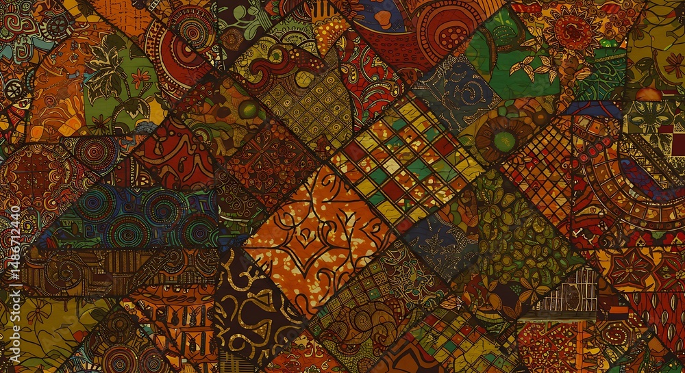 Poster detailed view of a colorful patchwork quilt, rich in patterns and textures, ideal for artistic proje