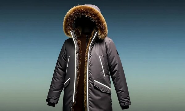 Stylish winter jacket with fur hood displayed against a gradient background, highlighting its design