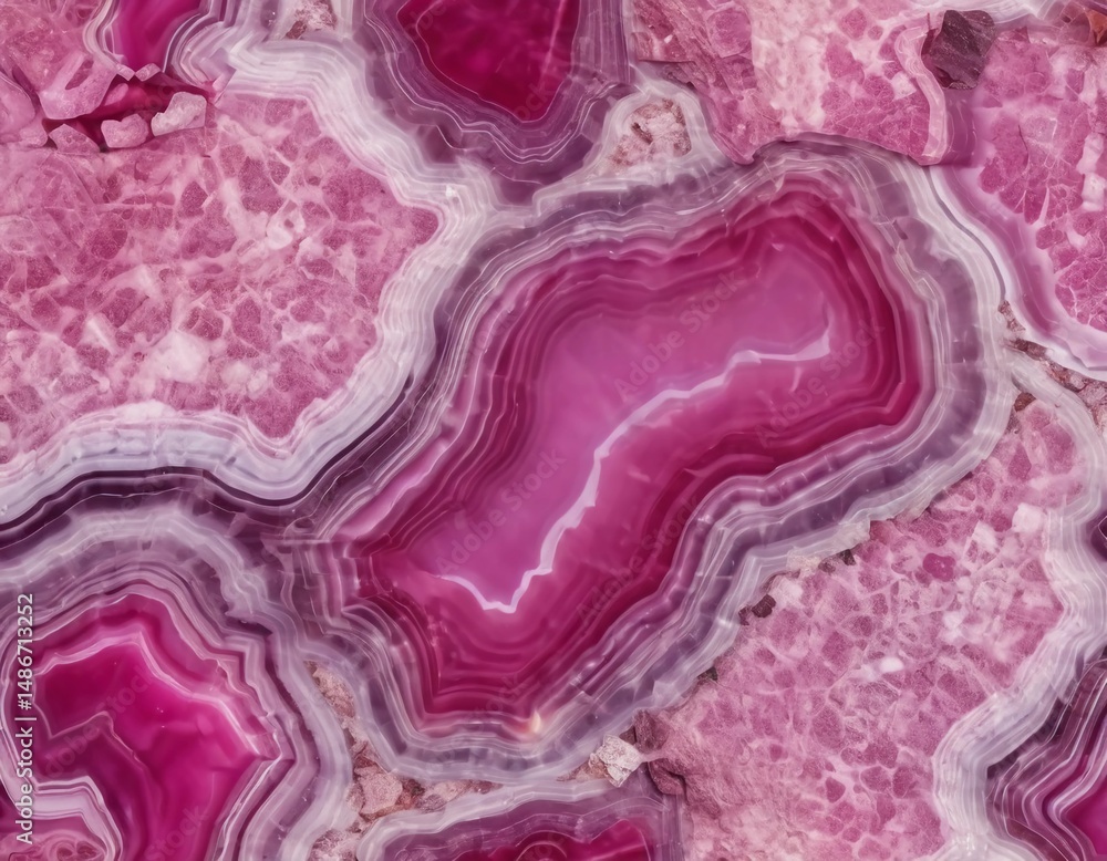Poster behold the mesmerizing patterns of a pink agate mineral stone, showcasing layers of vibrant pinks an