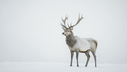 Obraz premium majestic stag gazing gracefully in a snow-covered expanse amidst an ethereal winter atmosphere