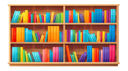 Colorful Educational Books Organized Inside Wooden Bookcase, School Supplies Storage Concept