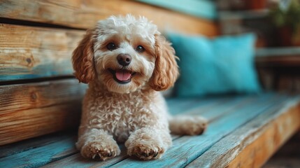 Adorable puppy resting on a wooden bench