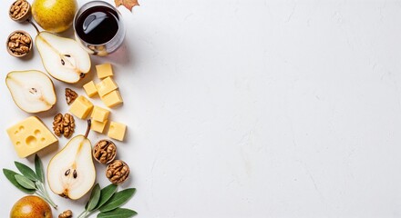 Assorted fruits, cheese, and nuts arranged on a white background