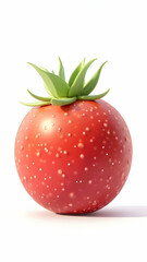 Round, vibrant red fruit with speckled skin & green leafy top, cast in soft light on a white backdrop