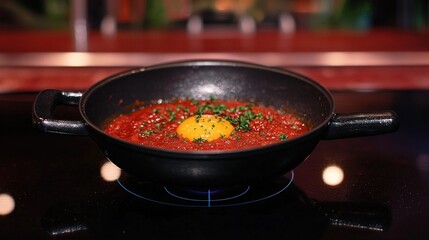 Shakshuka cooking with kitchen closeup.