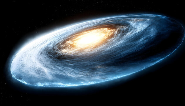 Glowing Cosmic Disk with Swirling Blue and White Nebulae in Dark