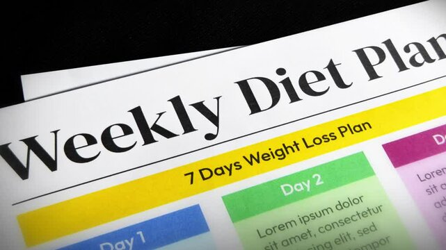 Weekly diet plan close-up 4k footage. Healthy diet, seven days, weight loss strategy, obesity