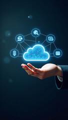 Fototapeta premium Hand holding cloud computing service symbol with digital network icons and bokeh effects, symbolizing data storage.