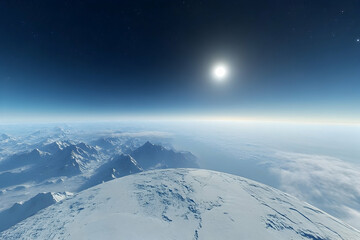 Aerial View of Snowy Mountain Range Under Bright Sun and Starry